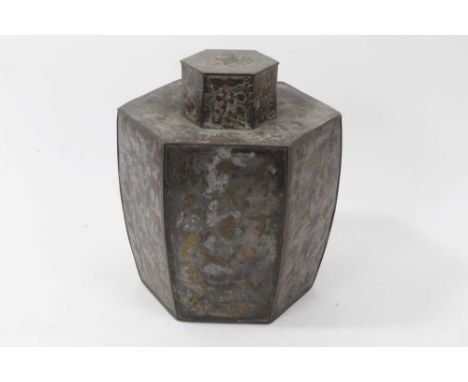 19th century Chinese inlaid pewter hexagonal tea caddy, with conforming cover, brass inlaid and engraved with reserves of bir