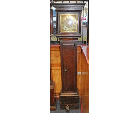 Early 18th century longcase clock with 30 hour chain driven bird-cage movement, 10 inch square brass dial, with female image 