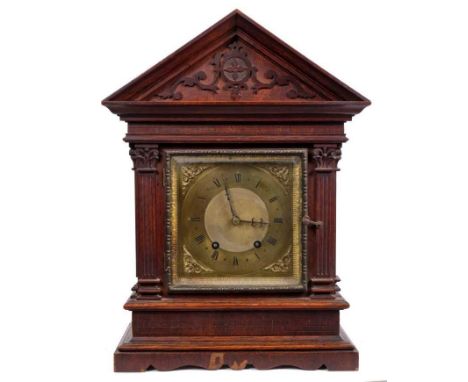 Late 19th century Black Forest mantle clock by  Winterhalte &amp; Hoffmeir Germany striking on gong in oak temple-shaped case