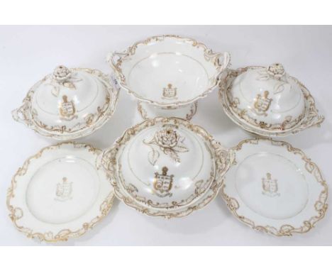 Extensive collection of Chamberlains Worcester dinnerwares with gilt ornament and heraldic arms for the Mitchell family, incl