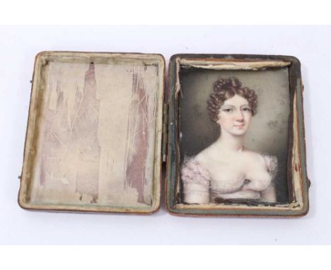 English School, early 19th century - portrait miniature on ivory depicting a young lady in white dress, 9 x 6cm, folding red 