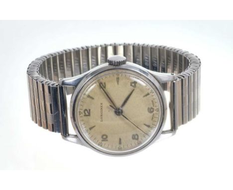 1950s gentlemen's Longines stainless steel wristwatch, the circular dial with applied silvered Arabic and dart hour markers, 