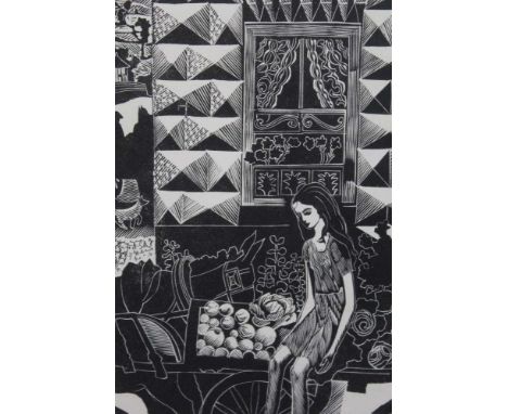 *John O’Connor (1913-2004), woodcut print - Girl on a vegetable cart, signed and dated 1959/60, 14 x 20cm, in glazed frame