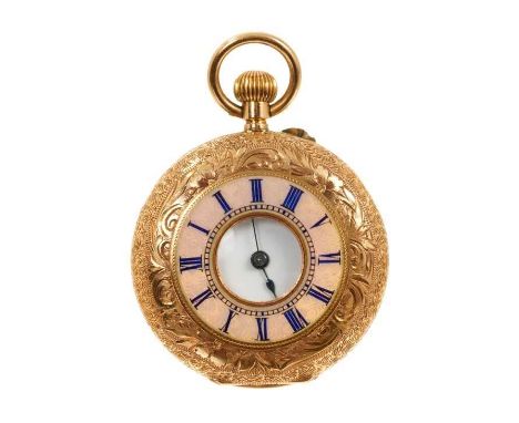 Late 19th century ladies' 18ct gold and enamel half hunter fob watch with Swiss button-wind movement, the front with pink opa