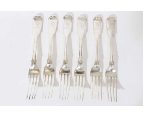 Composite set of six Victorian silver fiddle and thread pattern dining forks, with engraved armorial crests and initials (Lon
