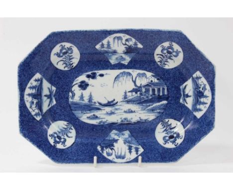 Bow powder blue ground canted rectangular dish, circa 1760, painted with panels containing chinoiserie landscape scenes and f
