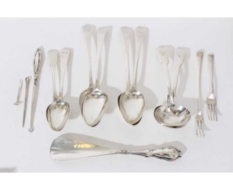 Selection of miscellaneous Georgian and later silver flatware including four table spoons, two dessert spoons, pickle fork, p