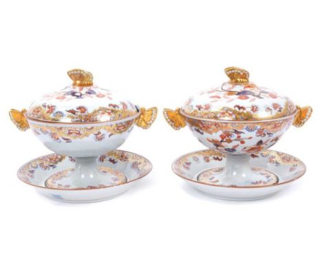 Good pair of early 19th century Spode Stone China sauce tureens, covers and stands, decorated in the Imari style, with butter