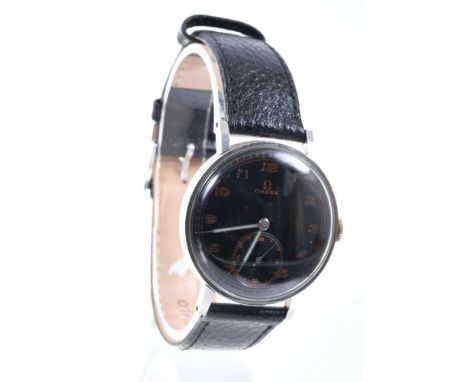 1940's gentlemen's Omega stainless steel wristwatch with Cal. 30T2 movement, the circular black enamel dial with copper colou