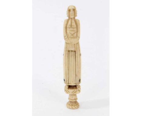 Scarce early 18th century whalebone hand carved pipe tamper in the form of a Protestant Priest, a hinge to his cassock reveal