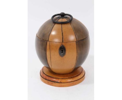 19th century dome form sycamore and stained sycamore tea caddy, surmounting metal ring handle and zinc lined interior with ci