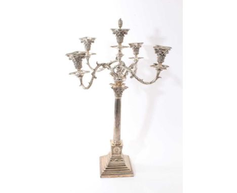 Large impressive late Victorian silver plated five light candelabrum with a Corinthian column base and four foliate branches,