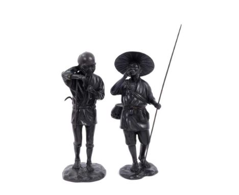 Pair of Japanese Meiji period bronzes of a wood cutter and a farmer, both approximately 31cm highCondition report: There appe