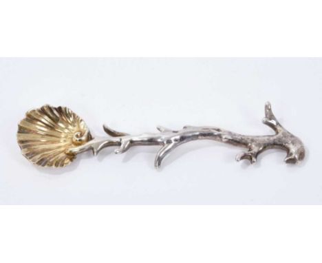 Rare George IV silver gilt salt spoon with shell bowl, engraved armorial crest and tree branch stem by Paul Storr. (London 18