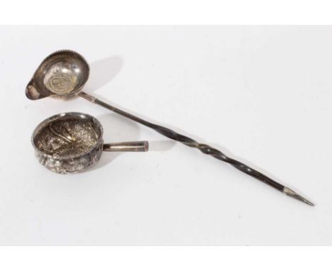 18th century silver toddy ladle, with inset Continental silver coin and twisted whalebone handle, together with another toddy