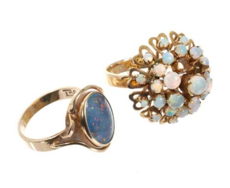 Gold and opal cluster cocktail ring together with an opal doublet dress ringCondition report: cluster ring weighs approximate