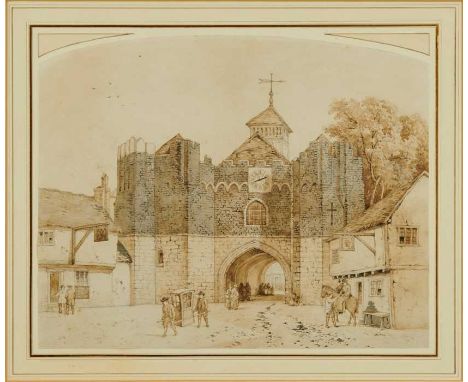 East Anglian School, 19th century, sepia watercolour - West Gate, Ipswich, in glazed gilt frame, 30cm x 38cm