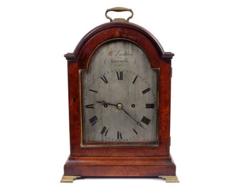 George III bracket clock by McLachlan, London with silvered arched dial signed in arch in mahogany domed case with brass carr