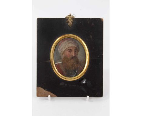 Late 18th / early 19th century portrait miniature on copper, depicting the head of a man, wearing a turban, oval, 6.5 x 5cm, 