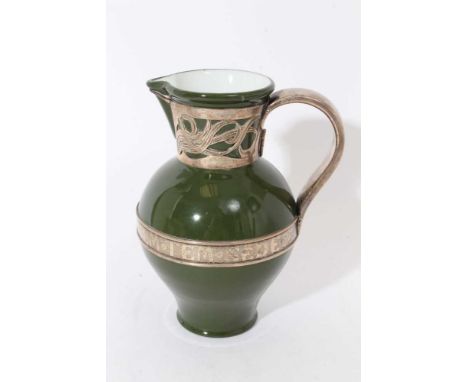 Late 19th/early 20th century ceramic jug, with Art Nouveau style Portugese silver mounts engraved "DAR DE BEBER A QUEM TEM SE