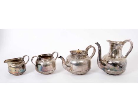 Victorian silver four piece tea and coffee set, comprising teapot of bulbous form, with chased and engraved foliate decoratio