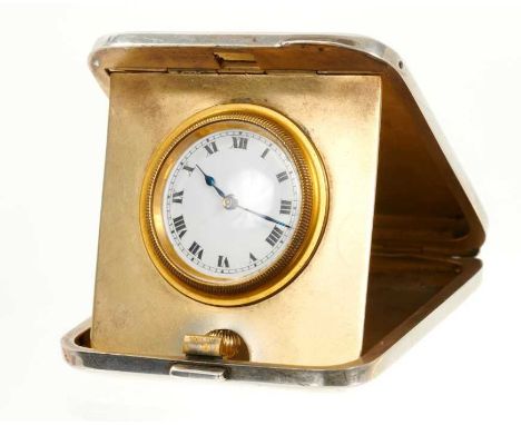 Art Deco silver cased travel purse watch in square silver case with gilded interior and engine turned decoration, William Nea