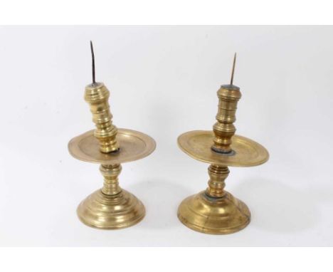 Substantial near pair of late 17th / early 18th century Dutch East Indies pricket candlesticks, each with ring turned columns