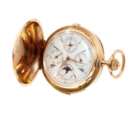 Fine early 20th century Swiss 14ct Gold quarter-repeating, chronograph , moon phase and calendar hunter pocket watch by Quart