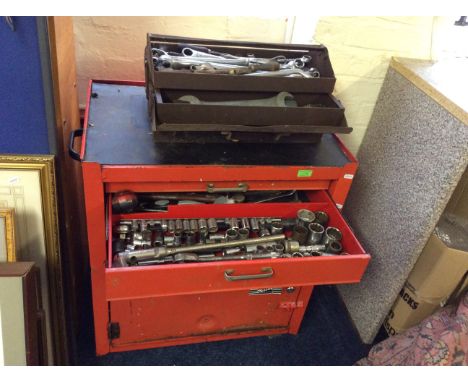 A red metal tool box containing a quantity of tools to include brittle tools etc and metal cantalina tool box