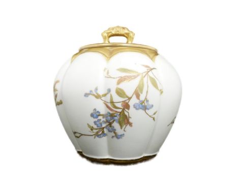Royal Worcester blush ivory globular jar and cover, c. early 20th century, with gilded loop handle and gilded web design to t