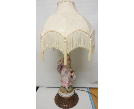 Continental bisque table lamp, c. early 20th century, modelled as a classical maiden in dress, painted in rich colours, on fi