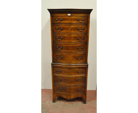 Georgian-style inlaid walnut serpentine chest on chest, the dentil pediment above five graduated drawers to the top section, 