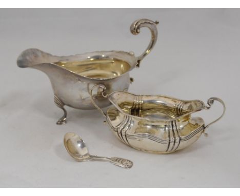 Silver sauce boat, Chester 1923, a silver sugar basin and a silver caddy spoon, by George Unite, Birmingham 1834, 376g gross.