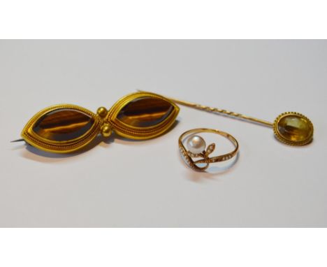Tiger's eye brooch in unmarked gold, 8.6g gross,&nbsp;a pearl ring, 'K15', 1.7g gross, and&nbsp;an unmarked scarf pin set wit