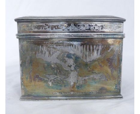 Chinese export white metal tea caddy engraved with Geisha to the hinged top and various engraved subjects to the lower, to in