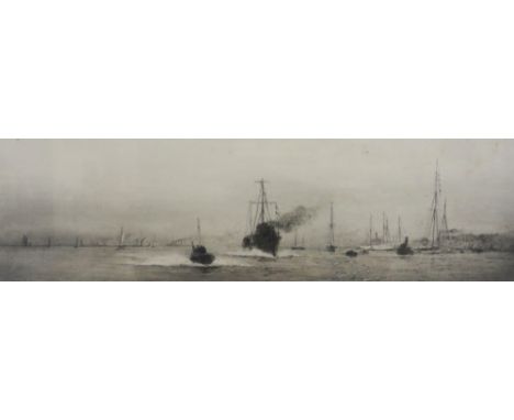 William Lionel Wyllie (British, 1851 - 1931) Ship's Crossing Signed in pencil, etching on paper, 10cm x 35cm. Old label verso