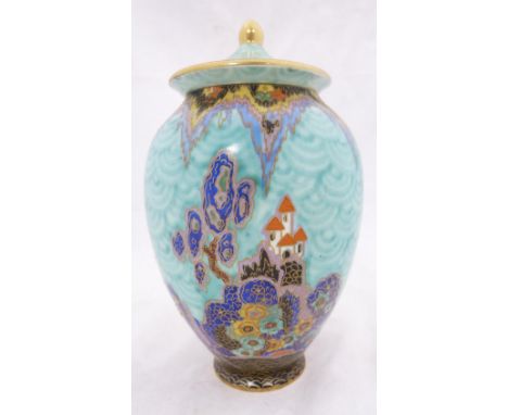 Crown Devon Fieldings 'Mattajade Fairy Castle' ovoid vase and cover, c. 1930s, decorated with a richly-coloured enamel turret