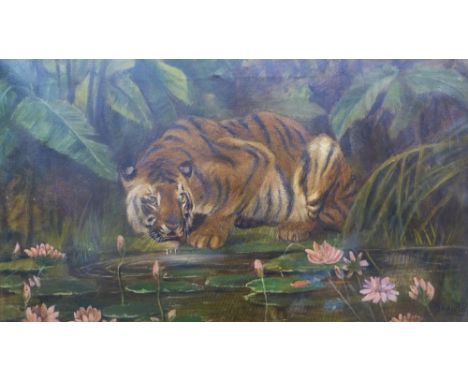 John Trivett Nettleship (British, 1841 - 1902) Prowling Tiger at the Lily Pads Signed JT Nettleship, oil on canvas, 42cm x 67