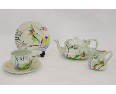 Carlton Ware Handcraft 'Garden Gate' pattern tea for one set, c. 1930s, comprising a teapot, cream jug, side plate, cup and s