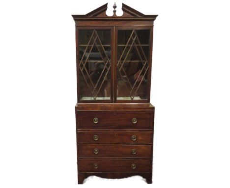 Georgian inlaid mahogany secretaire bookcase, the dentil decorated pediment above two lozenge astragal glazed doors, enclosin
