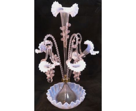 Victorian pale pink opaline glass six-branch epergne of large form, the graduated trumpet-shaped epergnes suspended on candy 