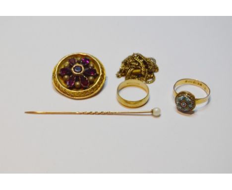 Victorian garnet brooch, in gold, a 9ct gold band ring, another 9ct gold mosaic ring, 14g gross, pearl stick pin and a chain.