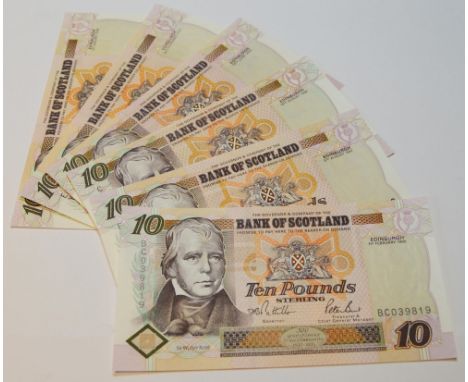 Group of six uncirculated Bank of Scotland Tercentenary £10 notes to include 135-1 Pattullo/Burt BC 039819 issued February 1 