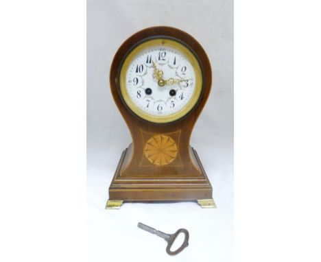Edwardian inlaid mahogany balloon-shaped bracket clock, with white enamel twin train dial, boxwood strung with satinwood pate
