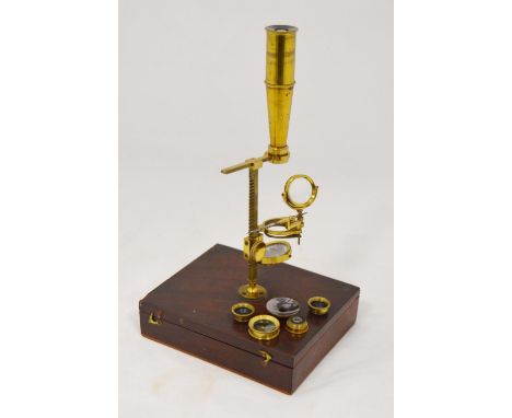 19th century Gould-type monocular microscope by Cary of London, with mounting socket and brass fittings, in velvet lined maho