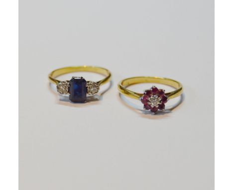 Diamond and ruby cluster ring in 18ct gold, size N, and a diamond and synthetic sapphire ring in gold, probably 18ct, size O,