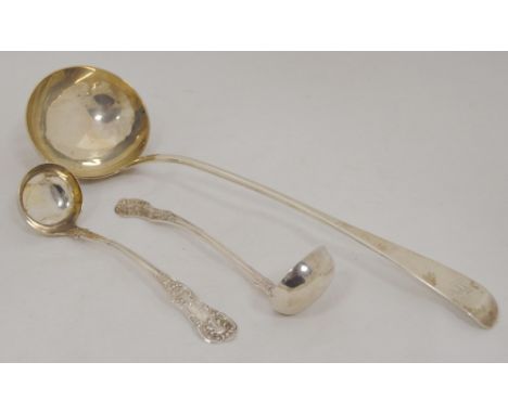 Silver soup ladle, 1791, and a pair of silver toddy ladles, King's pattern, Glasgow 1865, 266g. (3)