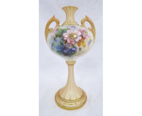 Royal Worcester blush ivory vase of slender baluster form, c. early 20th century, with hand-painted bouquet of flowers, twin 
