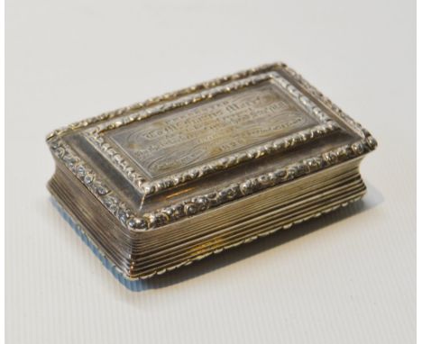 Silver rectangular snuff box with reeded sides, engraved 'Mr Francis Marr', Muirhead St Mill, Gorbals 1828', by Thomas Shaw, 