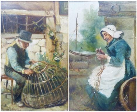 Henri Pitcher (French, fl. 1900 - 1910) Man repairing cane, and a companion depicting a woman weaving Signed, oils on board, 